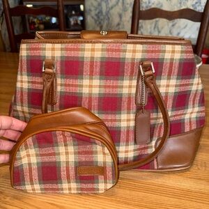 Longaberger Plaid Leather Trim Handbag Set